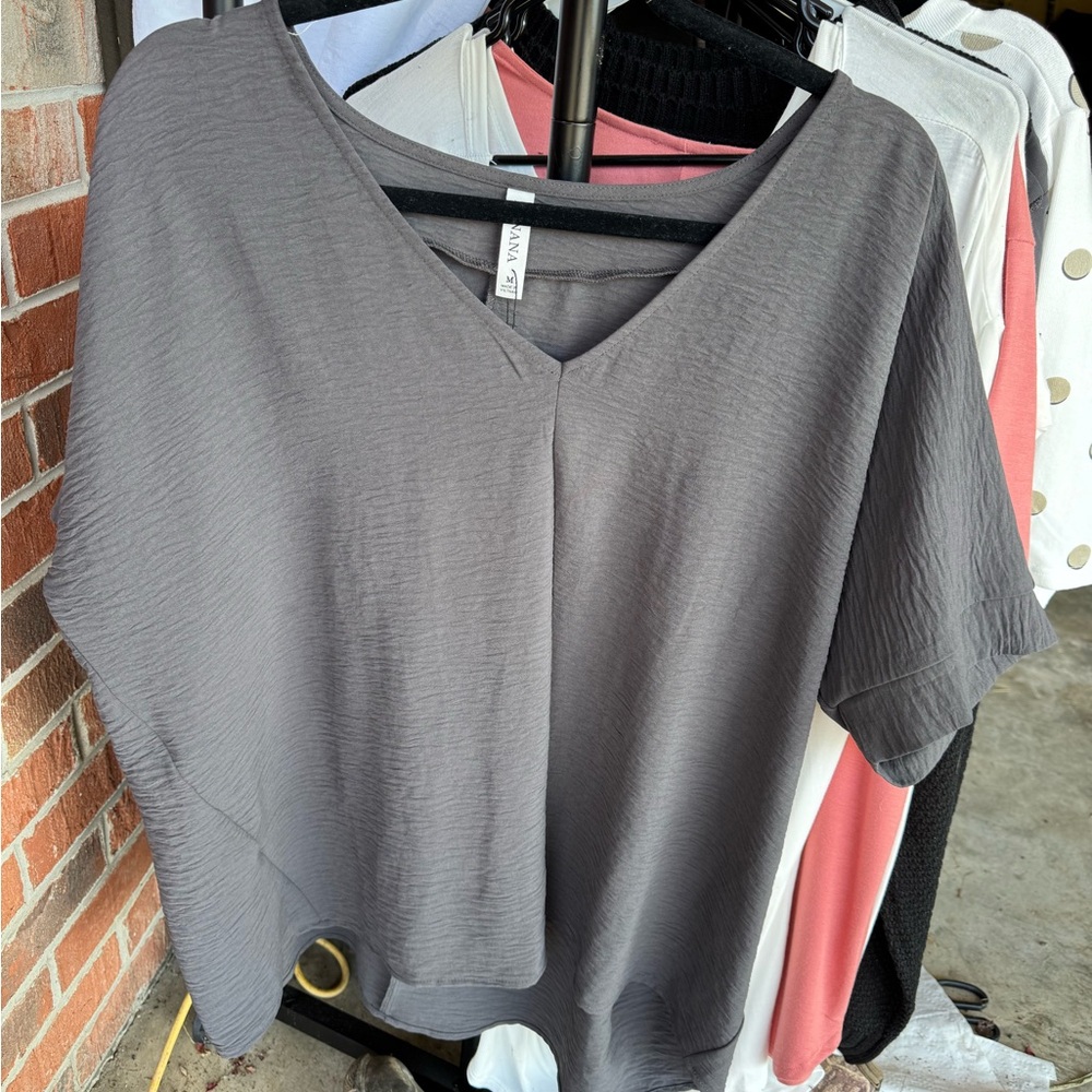 Zenana Outfitters Gray V-Neck Blouse
